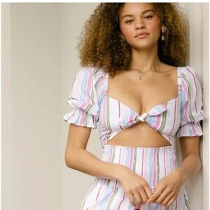 Hill House Striped Multi-Color Baloon Sleeve Tie-Front Crop Top